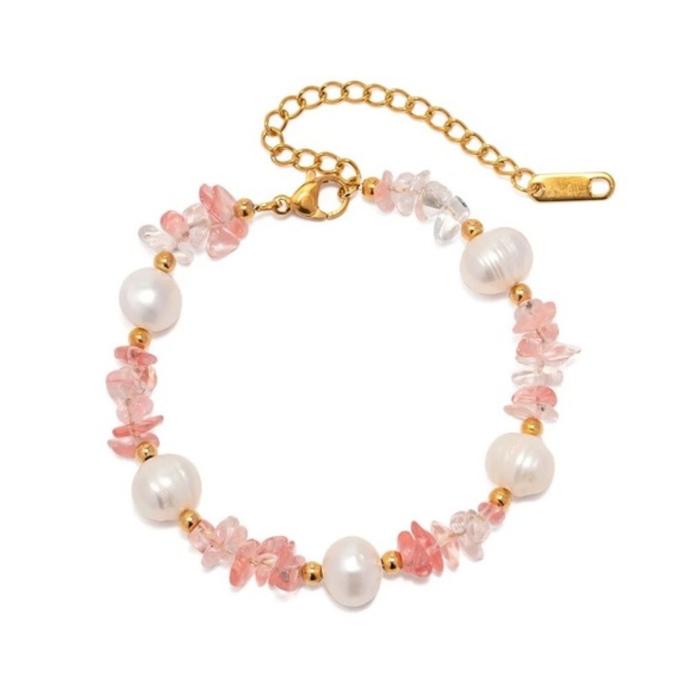 18k Gold Plated Pink Quartz Stone Pearl Bracelet